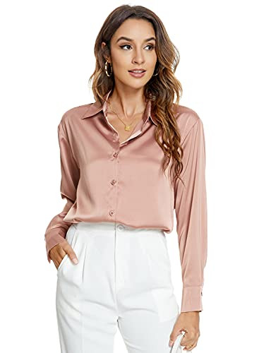 Atnlewhi Womens Long Sleeve Button Down Satin Silk Shirts Casual Business Office Blouse Tops Pink