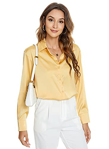 Atnlewhi Womens Long Sleeve Button Down Satin Silk Shirts Casual Business Office Blouse Tops Yellow
