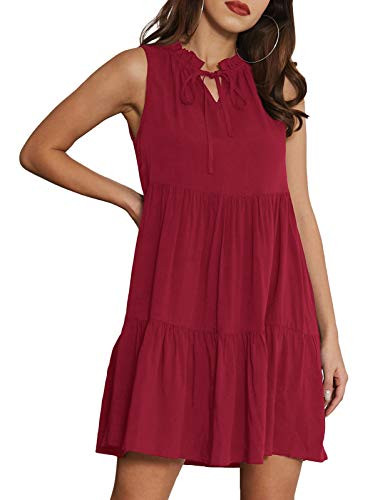 GRACE KARIN Women's Summer Sleeveless Tiered Mini Dresses Casual V Neck Ruffle Swing Flowy Dress Wine Red XX-Large