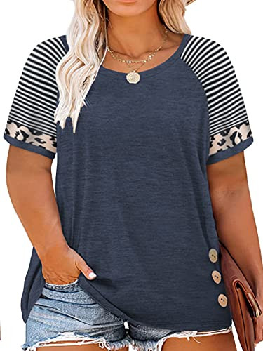 3X Womens Tops Plus Size Summer Loose Fit Color Block Tee Shirts Navy Blue 22W