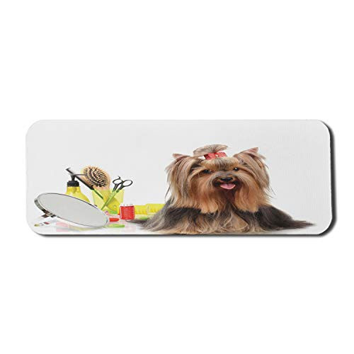 Ambesonne Yorkie Computer Mouse Pad, Yorkshire Terrier with Hairdressing Equipment Mirror Scissors, Rectangle Non-Slip Rubber Mousepad Large, 31" x 12" Gaming Size, Dark Brown Multicolor