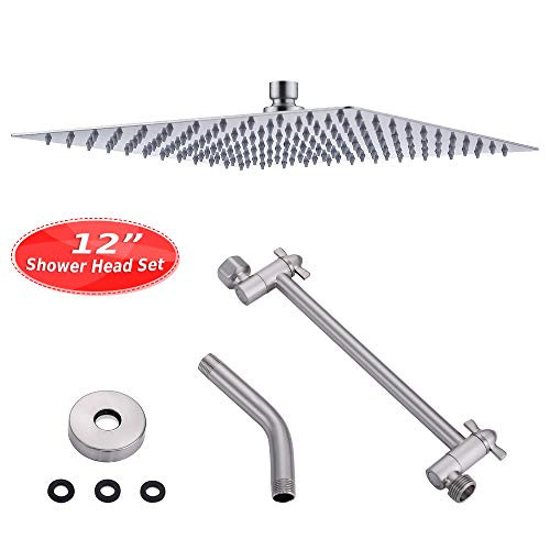 XFHome 12 Square Rain Showerhead with Extension Arm Large Stainless Steel High Pressure Shower Head, Ultra Thin Rainfall Bath Shower with Silicone Nozzle Easy to Clean and Install, Brushed Nickel