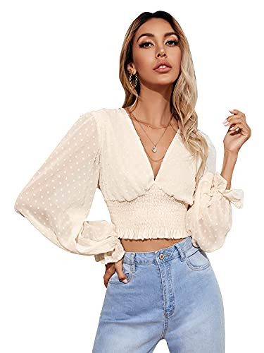 Floerns Women's Boho V Neck Flounce Long Puff Sleeve Crop Tops Shirred Blouse Beige S