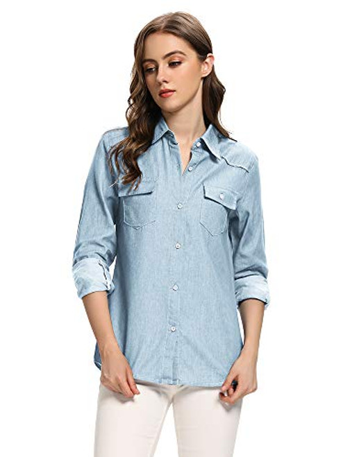 Aeslech Women's Denim Shirt, Long Sleeve Button Down Cotton Blouse, Lightweight Jeans Tunic Top 1 Light Blue L