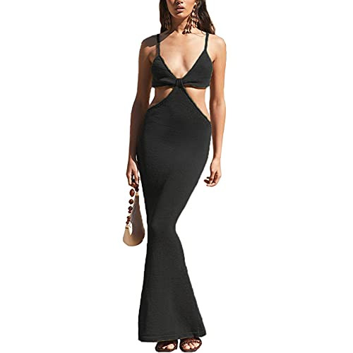 Antopmen Women Spaghetti Straps Knitted Maxi Dresses Elegant Sexy Party Cut Out Backless Bodycon Slim Dress-Medium, Black Antopmen Women Spaghetti Straps Knitted Maxi Dresses Elegant Sexy Party Cut Out Backless Bodycon Slim Dress-Medium, Black