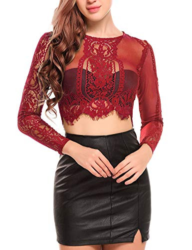SoTeer Women's Lace Crop Blouse Slim Fit Lace Long Sleeve Mesh Lace Crop Top-Wine Red L-