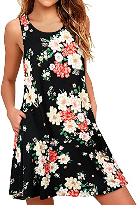 Women's Casual Summer Sleeveless Dresses Black Floral Loose Plus Size Comfy Swing Tank Dress Hawaiian Beach Sundress Cover Up with Pockets