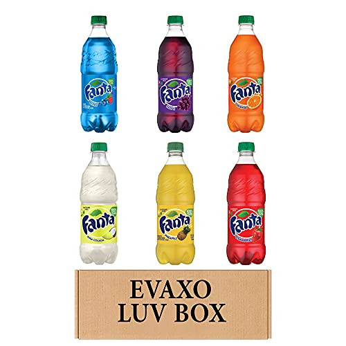 LUV BOX- VARIETY FANTA LOVERS 20 oz. pack of 6 BOTTLES , FANTA BERRY , FANTA GRAPE , FANTA ORANGE , FANTA PINA COLADA , FANTA PINEAPPLE , FANTA STRAWBERRY. N