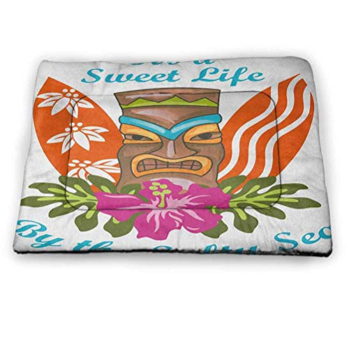 DayDayFun Tiki Bar Pet Mats for Dogs Sweet Life by The Salty Sea Text with Tiki Figure and Hibiscus Flower Art Print Pet Mats for Food and Water for Wood Floors Multicolor 23"x15.5"