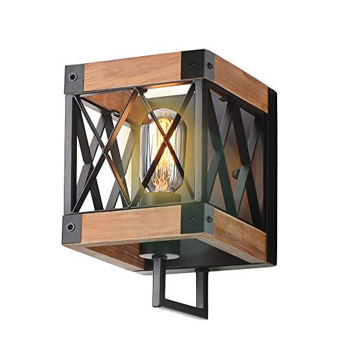 Eumyviv 1-Light Rustic Wood Wall Lamp with Mesh Cage Industrial Wall Sconce, Retro Bathroom Lamp Log Cabin Home Vintage Edison Sconce Light Fixture, Brown Wood and Black Metal(W0057)