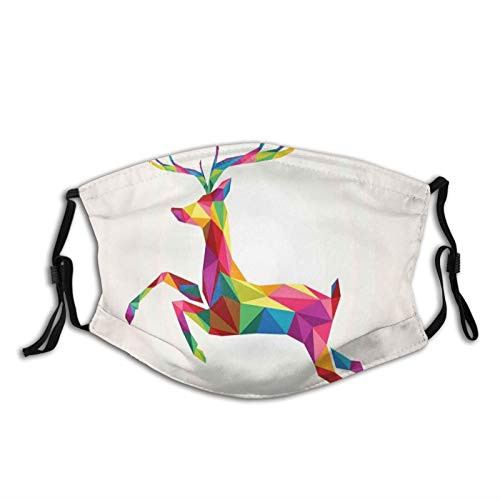 Geometric and Colorful Deer Figure with Fractal Look and Modern Style Xmas Theme?Dustproof Windproof Face Mask,Reusable,Washable Cloth,Face Cover,Cover for Dust Men Women
