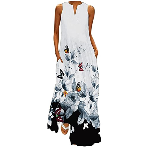 HDgTSA Women Sleeveless Print V-Neck Maxi Dress Summer Party Cami Dress with Pockets D White