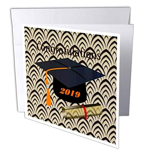 3dRose Lens Art by Florene - Graduation - Image of Black Cap Orange Tassel Diploma On Art Deco Back - 6 Greeting Cards with envelopes -gc-306832-1-