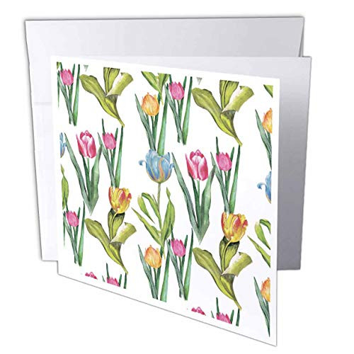 3dRose Anne Marie Baugh - Patterns - Pretty Pink, Orange, and Blue Image of Watercolor Tulip Pattern - 6 Greeting Cards with envelopes -gc-317626-1-