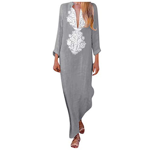 Women Cotton Linen Dress Kaftan Long Dresses Printed Long Sleeve V-neck Dress Split Hem Baggy Maxi Dresses