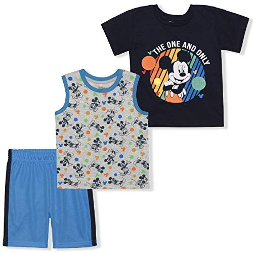 Disney Boy's 3-Pack Mickey Mouse The 1 and Only Tee, Sleeveless Shirt and Mesh Short Set, Blue, Size 3T