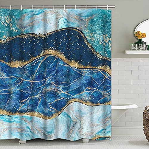 TAMOC Marble Shower Curtain, Navy Blue Gold Shower Curtain with 12 Hooks, Abstract Texture Shower Curtains for Bathroom, Modern Ink Blue Shower Curtain, Waterproof Fabric Bath Curtain, 69" W x 75" L