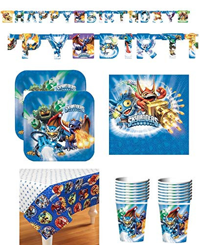 SKYLANDERS Birthday Party Supply Bundle Set for 16 includes Plates, Cups, Napkins, Table Cover, Happy Birthday Banner