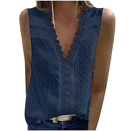 Women's Sleeveless V Neck Shirts Chiffon Lace Casual Pom Pom Swiss Dots Cami Hollow Out Tops Blouses Navy