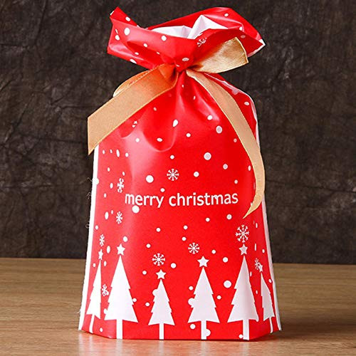zorpia 50 Pcs Christmas Candy Treat Bags Plastic Drawstring Gift Bags Merry Christmas Candy Goodies Bags for Birthday Party Snack Wrapping Wedding Gift Party Favor Merry X-mas-red Tree Bags-