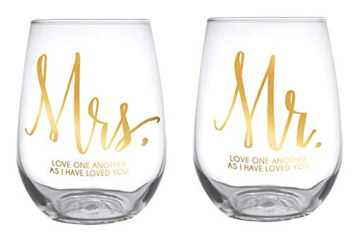 Creative Brands Faithworks-Slant Collections Stemless Wine Glasses, Set of 2, Mr.  and  Mrs