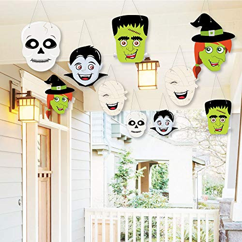 Hanging Halloween Monsters - Outdoor Skeleton, Mummy, Vampire, Frankenstein & Witch Halloween Party Hanging Porch & Tree Yard Decorations - 10 Pieces