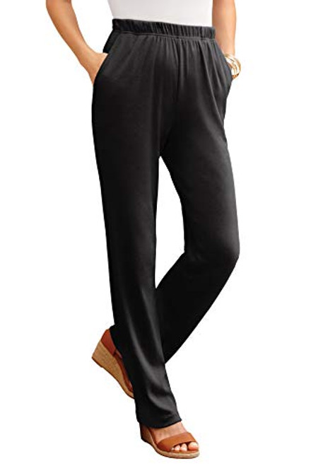 Roamans Women's Plus Size Petite Straight-Leg Soft Knit Pant Pull On Elastic Waist - S, Black