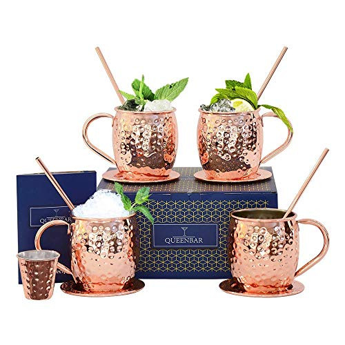 Moscow Mule Mugs Set of 4 HandCrafted Pure Solid 18oz Cups, Gift Set with Cocktail Copper Straws, Shot Glass, Straw Brush, Rose Gold