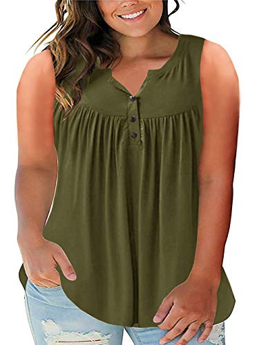 Womens Plus Size V Neck Henley Tank Tops Summer Sleeveless Buttons Up Pleated Flowy Casual Tunic Tops -5X, Army Green-