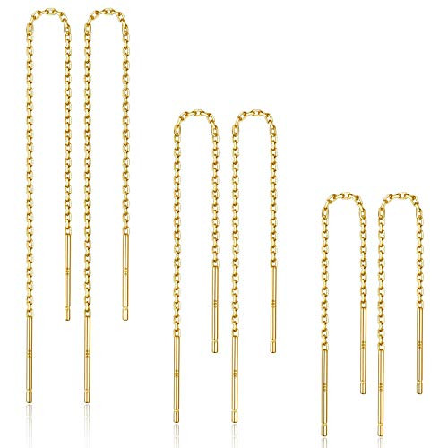 3 Pairs Long Chain Earrings 18K Gold Plated 925 Sterling Silver Threader Drop Earrings for Women