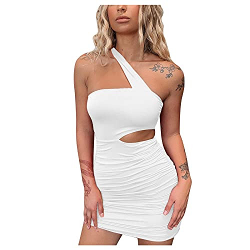 HDgTSA Women's Sexy Sheath Sleeveless One Shoulder Cut Out Ruched Club Mini Dress White