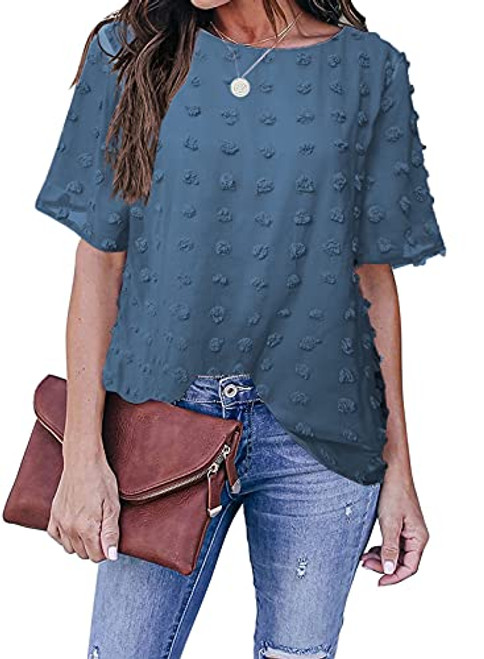 HOTAPEI Women Chiffon Tops Summer Casual Round Neck Short Sleeve Pom Pom Shirts and Blouses Blue Large 12 14 HOTAPEI Women Chiffon Tops Summer Casual Round Neck Short Sleeve Pom Pom Shirts and Blouses Blue Large 12 14