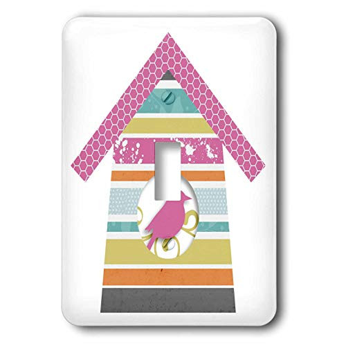 3dRose Cute Pink, Aqua, Orange, Birdhouse With Bird. - Light Switch Covers -lsp-328668-1-
