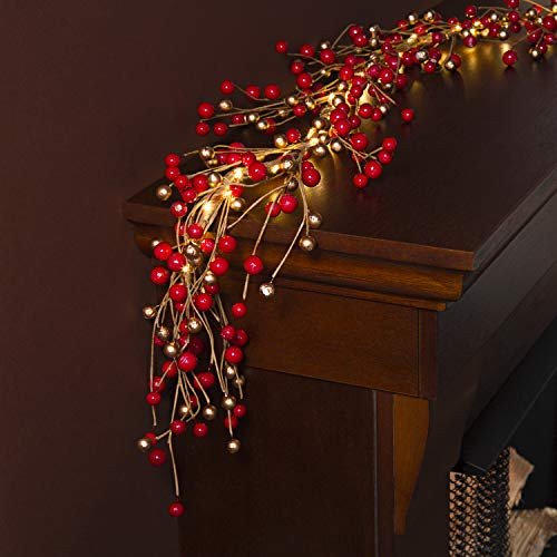 LampLust Berry Branch Pre-Lit Garland, Red and Gold Berries, 50 Warm White LEDs, Battery Operated, Cordless