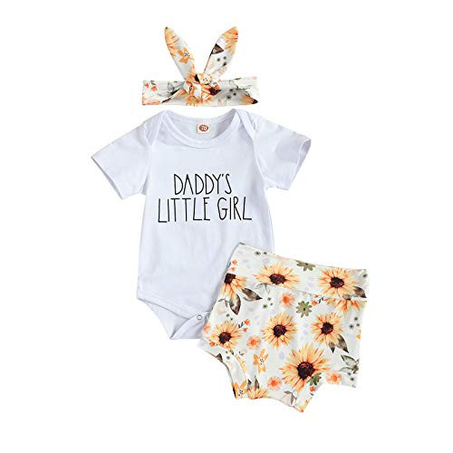 Newborn Baby Girl Summer Clothes Short Sleeve Romper Floral Shorts Sets Bodysuit Jumpsuit 3Pcs Infant Outfits -Daddy's Little Girl, 0-3 Months-