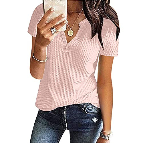 Eoailr Womens Short Sleeve V Neck Button Up Loose Waffle Knit Tunic Henley Shirts Blouse Tops Casual Solid Tunic