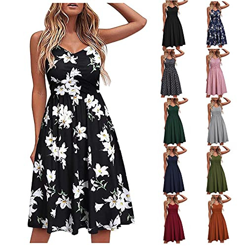vermers Tops Women's Summer Printed/Solid V-Neck Sleeveless Lace-up Sling Temperament Knee-Length Dress Casual A-Line Dress