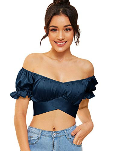SheIn Women's Ruffle Off Shoulder Crop Top Satin Strapless Short Sleeve Self Tie Blouse Navy Blue Medium