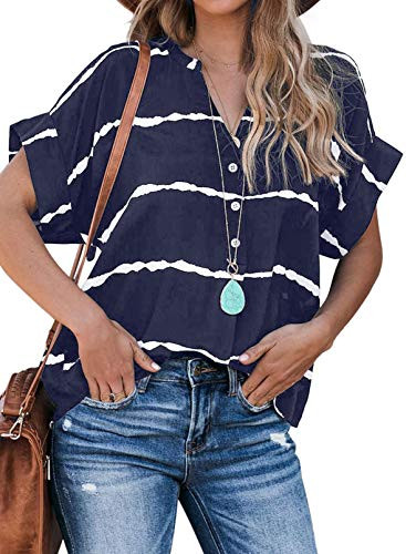 HOTAPEI Plus Size Women's Summer Casual V Neck Striped Short Sleeve Button Down Collar Tunic Blouses Fashion 2021 Tshirts TopsSize XX-Large