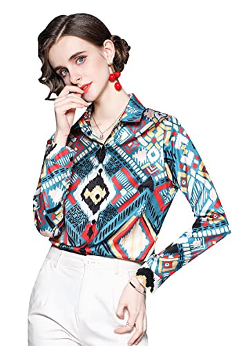 Women's Baroque Chain Print Shirt Regular Fit Short Sleeve Button up Casual Blouse Top