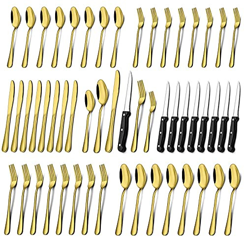 Umite Chef Gold Silverware Set, 48 Piece Stainless Steel Flatware Cutlery Set Service for 8, Tableware Eating Cutlery Set Include Knives/Forks/Spoons/Steak knives, Mirror Polished, Dishwasher Safe
