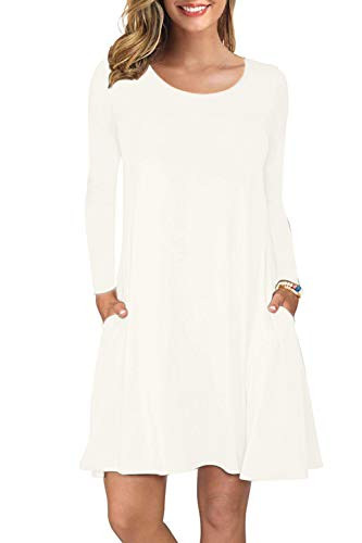 AUSELILY Women's Solid Plain Long Sleeve Pockets Casual Swing T-Shirt Dresses -XL,White-