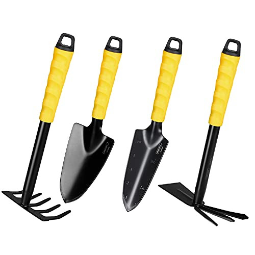 Garden Tools Set, 4 Piece Heavy Duty Gardening Tools Kit, Iron Carbide Alloy Garden Hand Tools Including Trowel, Transplanter, Cultivator, 2-In-1 Rake/Hoe for Gardening, Digging, Planting -Black-