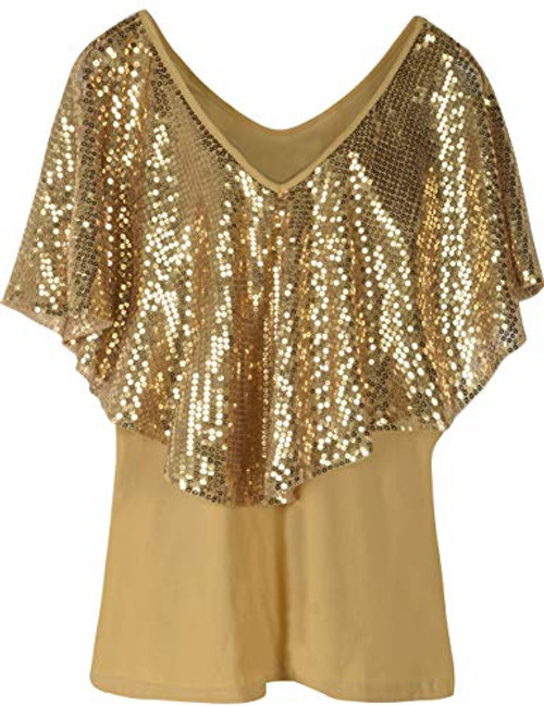 kayamiya Women's Sequin Blouse Glitter Drape Short Sleeve Sparkly Cocktail Party Tops S/US4-6 Gold