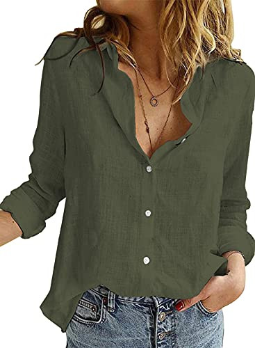 CILKOO Women's Casual Long Sleeve Linen Shirts V Neck Blouses Tops Loose Button Down Business Shirts Green X-Large