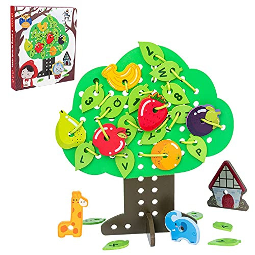 VAHIGCY Wooden Tree Lacing Threading Toy, Basic Life Skills Learning Toy for Kids, String Fruit Tree Children Early Education Wooden Strings and Winding Beads Toy