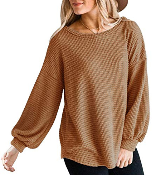 MEROKEETY Womens Long Balloon Sleeve Waffle Knit Tops Crew Neck Oversized Sweater Pullover, Brown, M