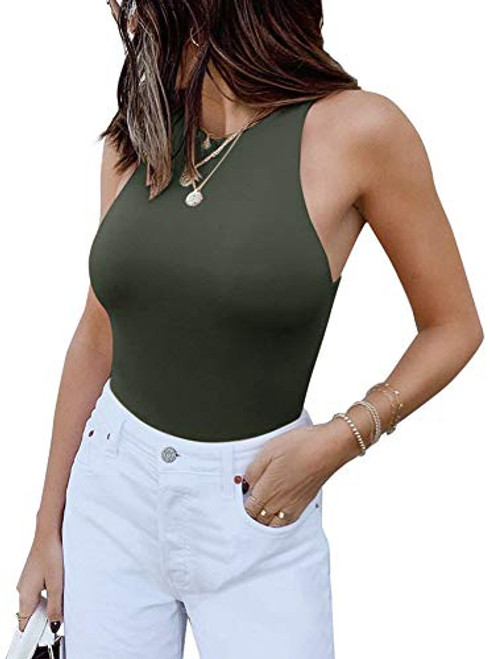 Womens Sexy Sleeveless High Neck Racer Back Halter Thong Bodysuits Leotard Tank Tops Grey Green Large