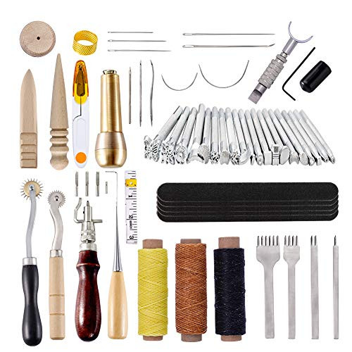 60 Pcs Leather Craft Hand Tools Kit,Leather Kit for Hand Sewing Stitching, Stamping Set, Saddle Making, Swivel Knife, Groover, Prong Punch, Leather Tools for DIY Leathercraft Carving Sewing Projects
