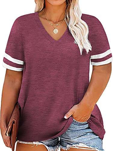 Womens Plus Size Summer Tops 4XL Short Sleeve Casual Shirts Wine Red 28W
